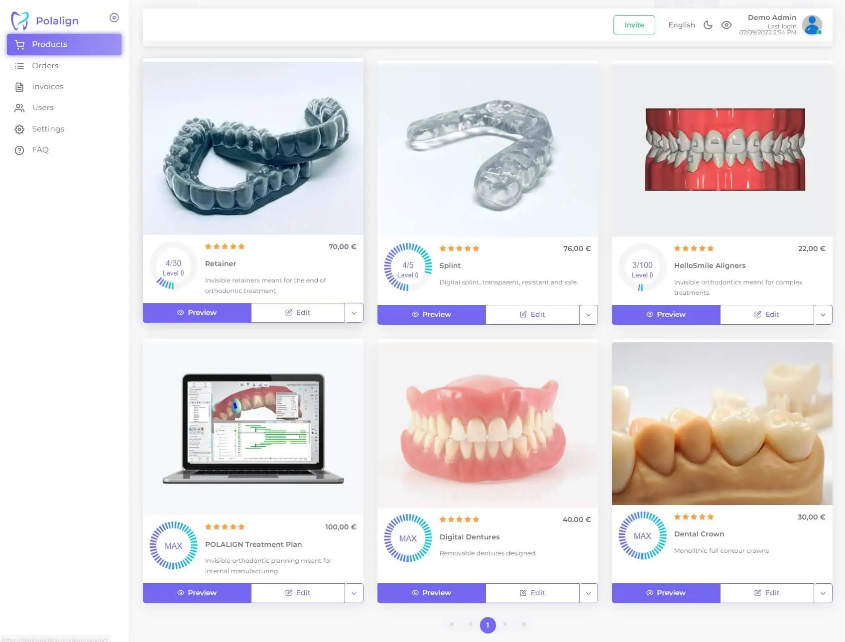Online dental product catalog screen